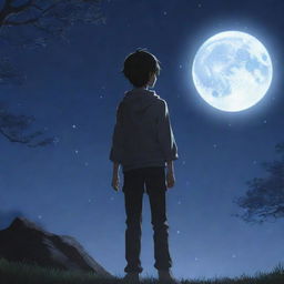 An anime-style boy standing under the bright, softly glowing moonlight, with shadows casting a dramatic scene.