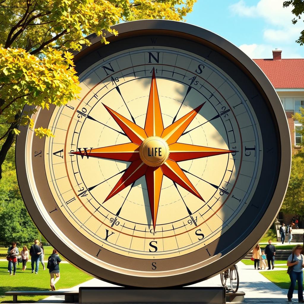 A large compass with the direction 'Life' instead of 'North', set against a background of a vibrant campus with trees and buildings