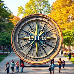 A large compass with the direction 'Life' instead of 'North', set against a background of a vibrant campus with trees and buildings