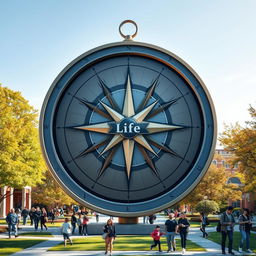 A large compass with the direction 'Life' instead of 'North', set against a background of a vibrant campus with trees and buildings