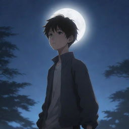 An anime-style boy standing under the bright, softly glowing moonlight, with shadows casting a dramatic scene.