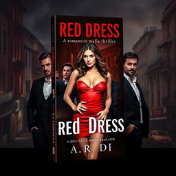 A stunning narrow-format book cover for a romantic mafia thriller titled 'Red Dress' by A