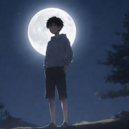 An anime-style boy standing under the bright, softly glowing moonlight, with shadows casting a dramatic scene.