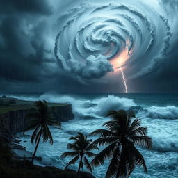 A powerful hurricane in full action, showcasing swirling clouds and intense winds, with dramatic lightning striking in the background