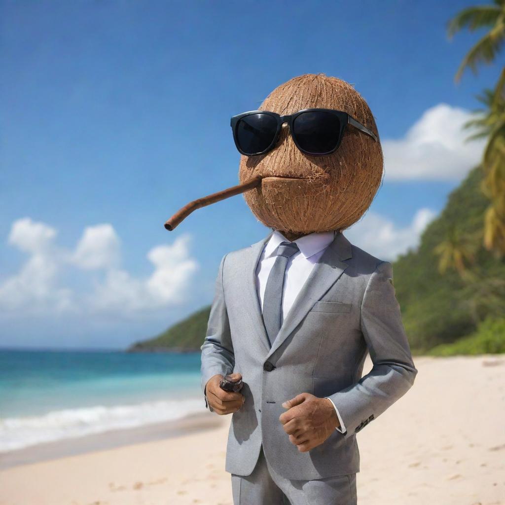 A charismatic coconut character wearing a sleek suit and sunglasses, coolly puffing a pipe, standing confidently against a backdrop of a picturesque beach scene.