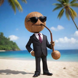 A charismatic coconut character wearing a sleek suit and sunglasses, coolly puffing a pipe, standing confidently against a backdrop of a picturesque beach scene.