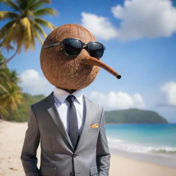 A charismatic coconut character wearing a sleek suit and sunglasses, coolly puffing a pipe, standing confidently against a backdrop of a picturesque beach scene.