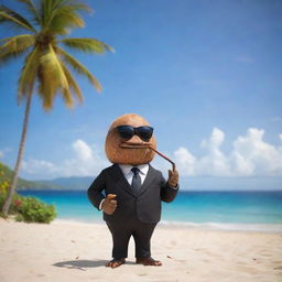 A charismatic coconut character wearing a sleek suit and sunglasses, coolly puffing a pipe, standing confidently against a backdrop of a picturesque beach scene.