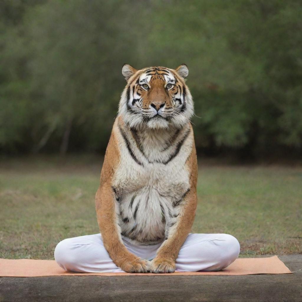 An elderly, wise tiger practicing yoga in a peaceful surrounding.