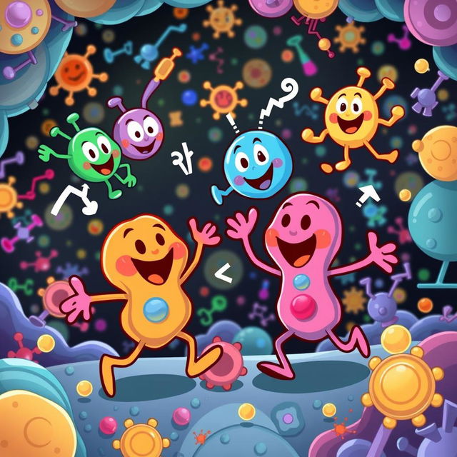 A vibrant and animated illustration depicting enzymes in action