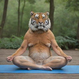 An elderly, wise tiger practicing yoga in a peaceful surrounding.