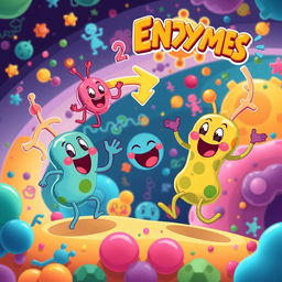 A vibrant and animated illustration depicting enzymes in action