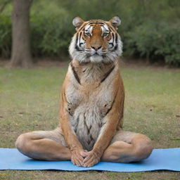 An elderly, wise tiger practicing yoga in a peaceful surrounding.