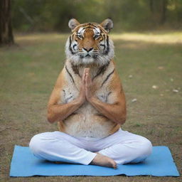 An elderly, wise tiger practicing yoga in a peaceful surrounding.