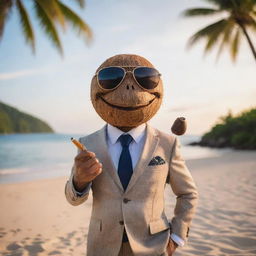 A coconut character oozing style in a sleek suit, trendy sunglasses, and smoking a classic pipe, set against the stunning scenery of a tropical beach at sunset.