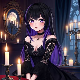 An anime-style goth girl with long black hair adorned with purple streaks, wearing a dark lace dress with dramatic sleeves