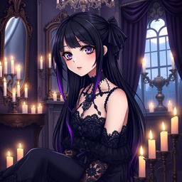 An anime-style goth girl with long black hair adorned with purple streaks, wearing a dark lace dress with dramatic sleeves