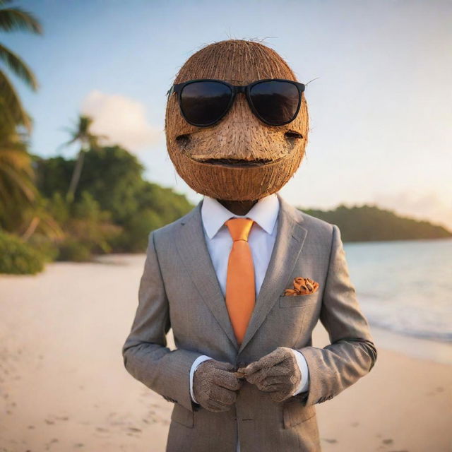 A coconut character oozing style in a sleek suit, trendy sunglasses, and smoking a classic pipe, set against the stunning scenery of a tropical beach at sunset.