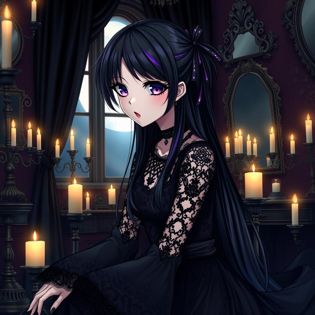 An anime-style goth girl with long black hair adorned with purple streaks, wearing a dark lace dress with dramatic sleeves