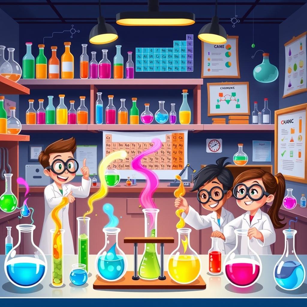 A lively animated illustration of a chemistry laboratory filled with colorful apparatus and fun scientific activities