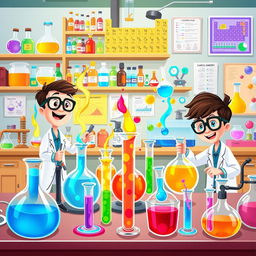 A lively animated illustration of a chemistry laboratory filled with colorful apparatus and fun scientific activities