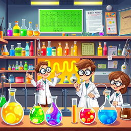 A lively animated illustration of a chemistry laboratory filled with colorful apparatus and fun scientific activities