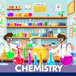 A lively animated illustration of a chemistry laboratory filled with colorful apparatus and fun scientific activities