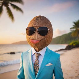 A coconut character oozing style in a sleek suit, trendy sunglasses, and smoking a classic pipe, set against the stunning scenery of a tropical beach at sunset.