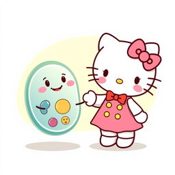 A cute and colorful illustration featuring Hello Kitty alongside a friendly animal cell