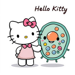 A cute and colorful illustration featuring Hello Kitty alongside a friendly animal cell