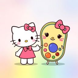 A cute and colorful illustration featuring Hello Kitty alongside a friendly animal cell