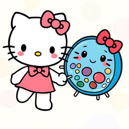 A cute and colorful illustration featuring Hello Kitty alongside a friendly animal cell