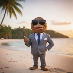 A coconut character oozing style in a sleek suit, trendy sunglasses, and smoking a classic pipe, set against the stunning scenery of a tropical beach at sunset.