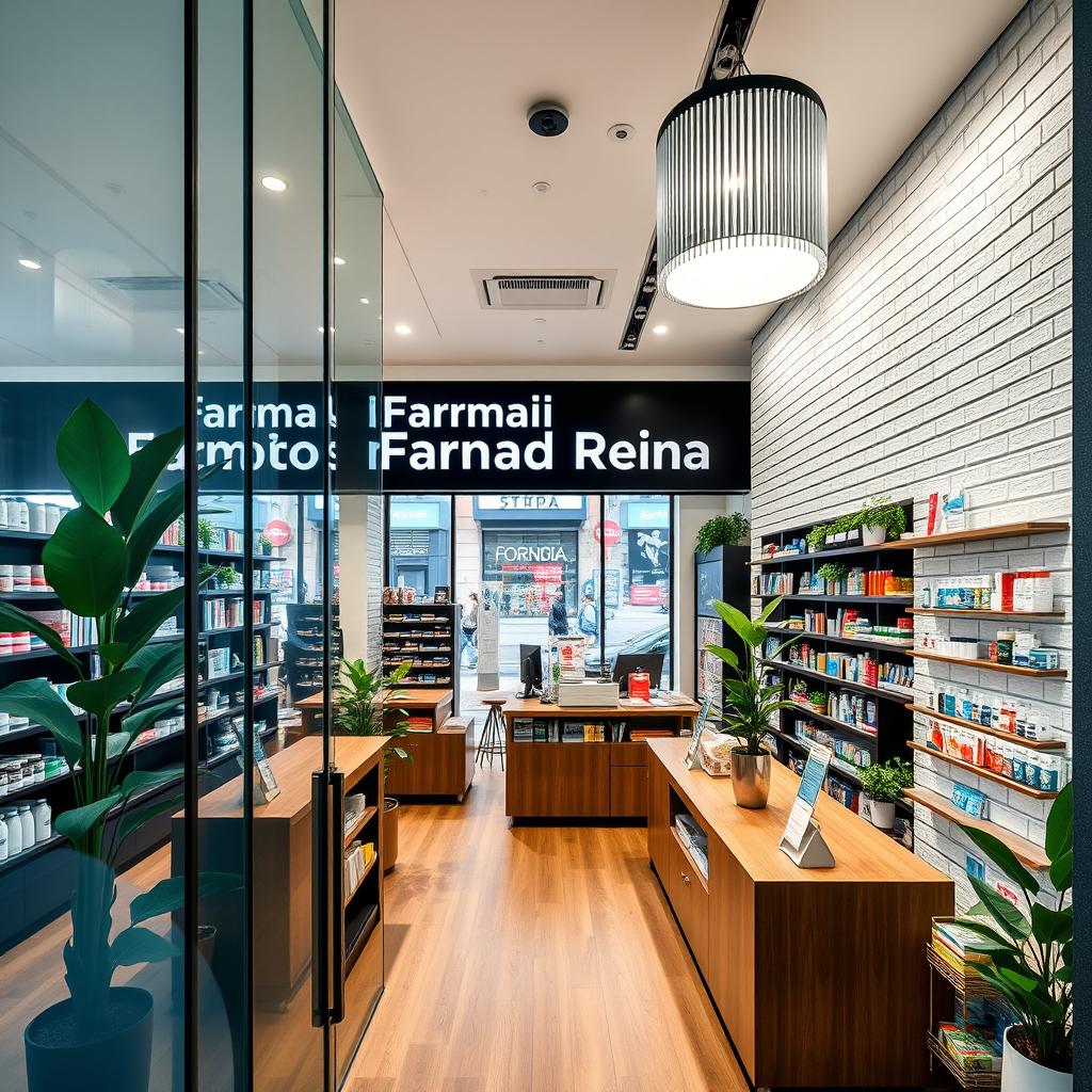 A large modern pharmacy named 'Farmacia Gran Reina' located on Gran Vía, Madrid