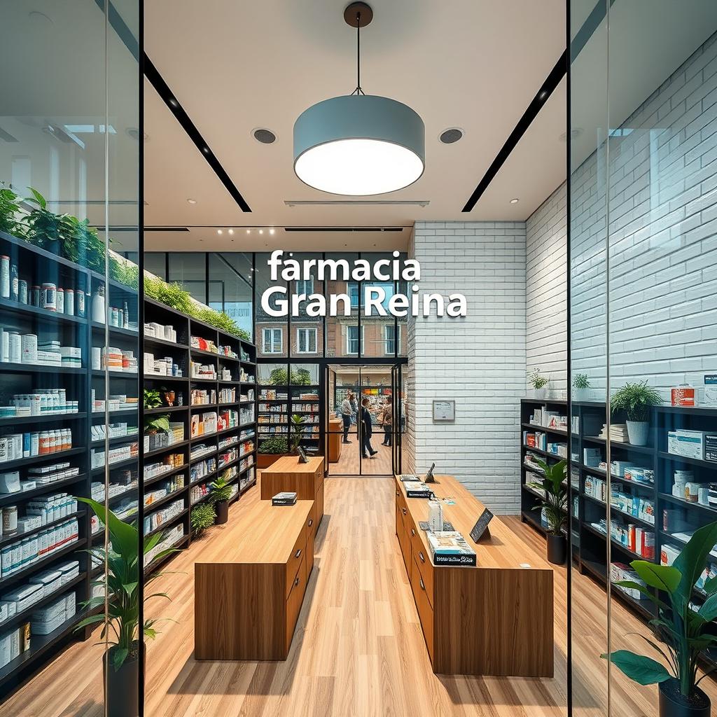 A large modern pharmacy named 'Farmacia Gran Reina' located on Gran Vía, Madrid