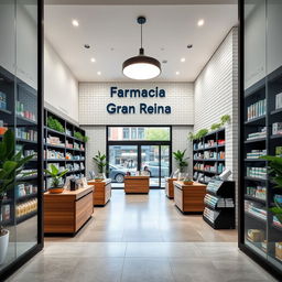 A large modern pharmacy named 'Farmacia Gran Reina' located on Gran Vía, Madrid