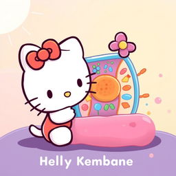 A charming and colorful illustration featuring Hello Kitty interacting with a cartoonish cell membrane