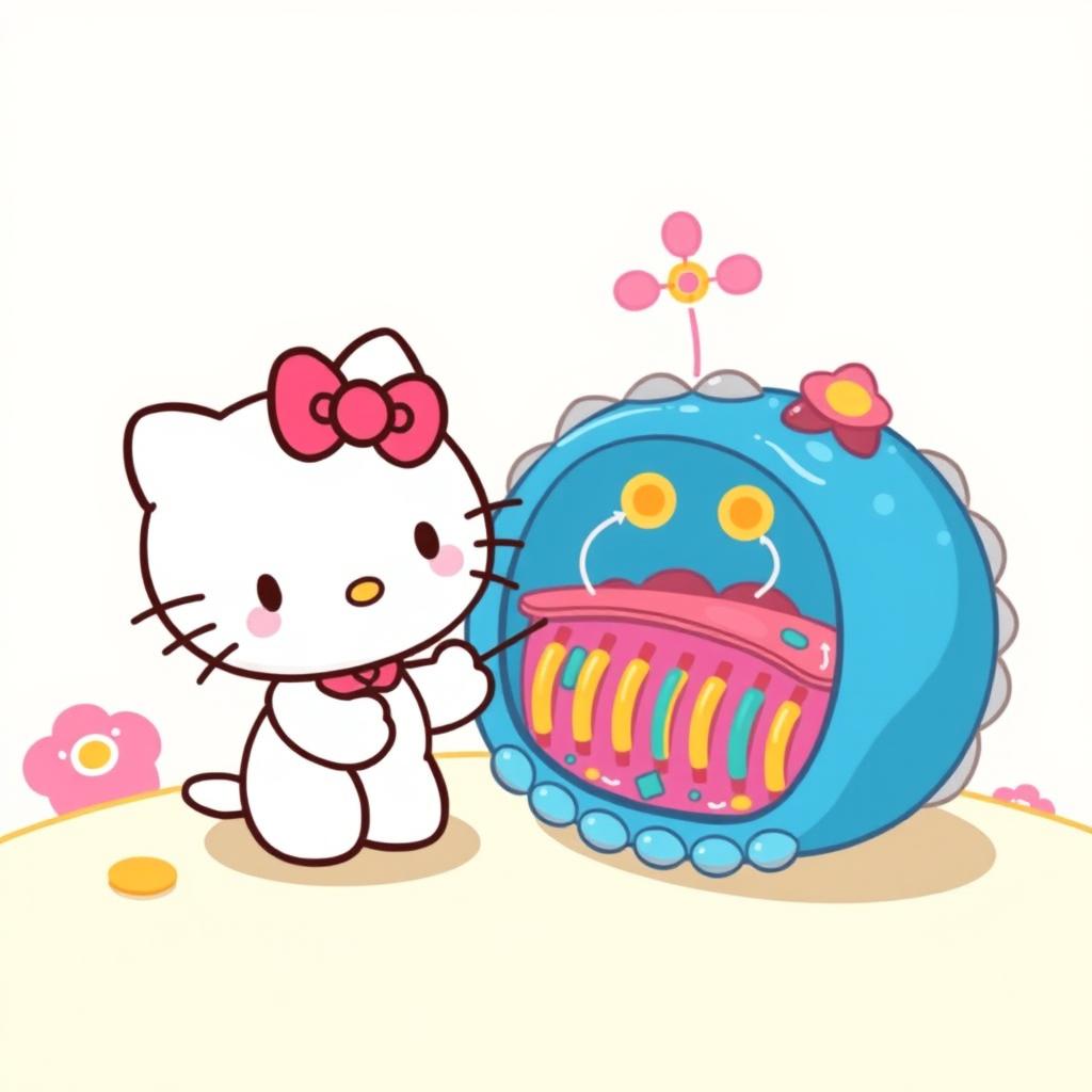 A charming and colorful illustration featuring Hello Kitty interacting with a cartoonish cell membrane