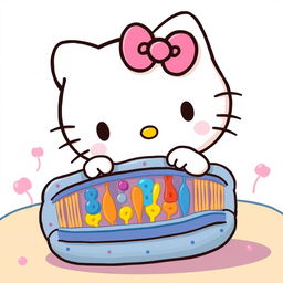 A charming and colorful illustration featuring Hello Kitty interacting with a cartoonish cell membrane