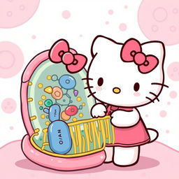 A charming and colorful illustration featuring Hello Kitty interacting with a cartoonish cell membrane