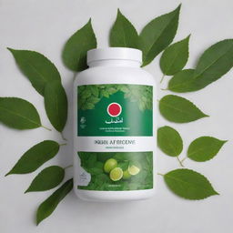 A sport supplement beautifully presented with traditional Iranian elements, adorned with green leaves