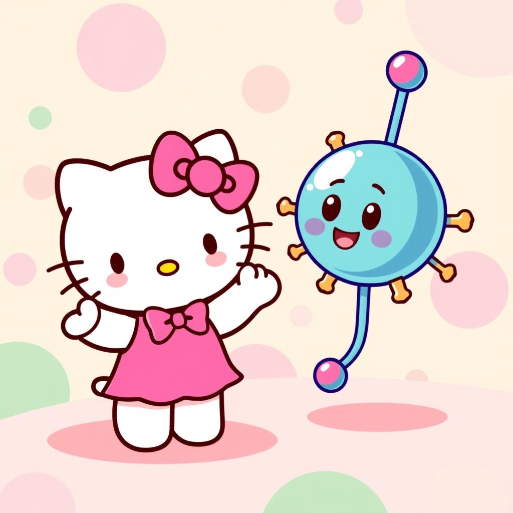 A delightful and playful illustration of Hello Kitty joyfully greeting a cartoonish phospholipid molecule