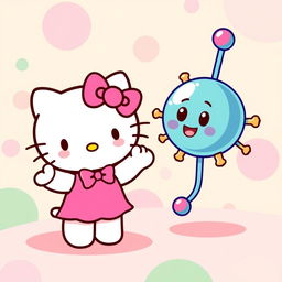 A delightful and playful illustration of Hello Kitty joyfully greeting a cartoonish phospholipid molecule