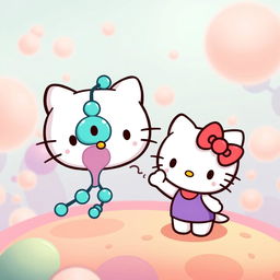 A delightful and playful illustration of Hello Kitty joyfully greeting a cartoonish phospholipid molecule