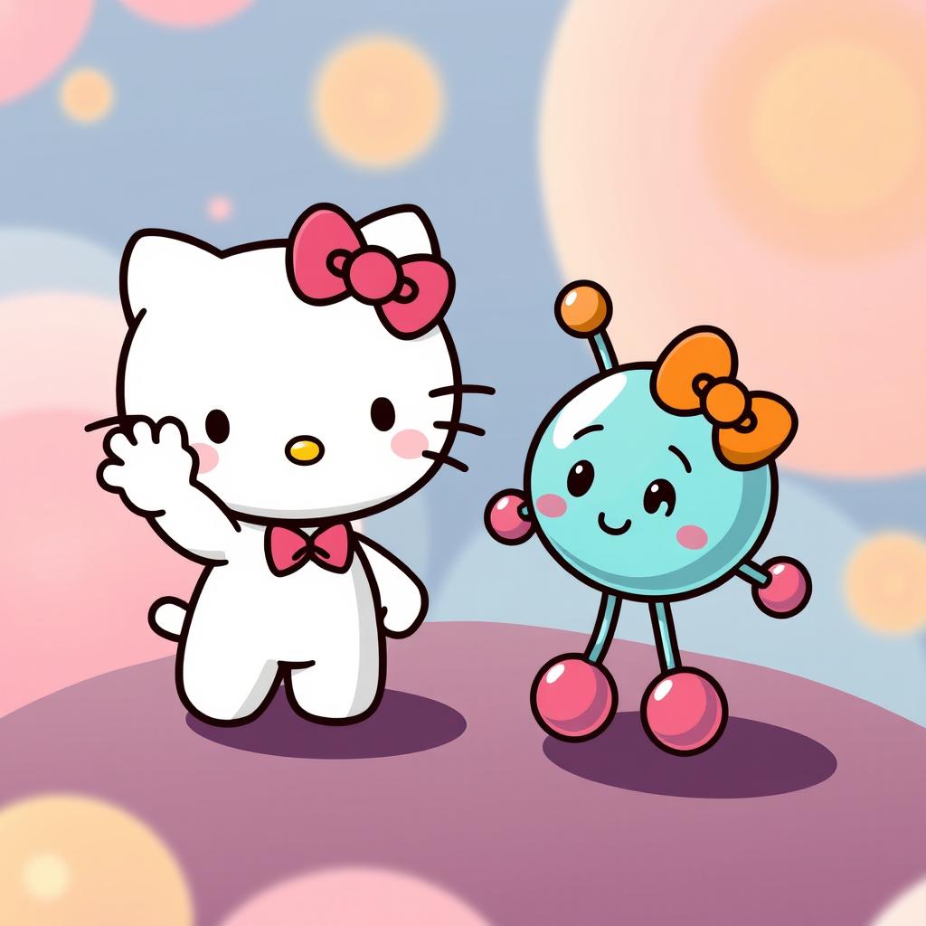 A delightful and playful illustration of Hello Kitty joyfully greeting a cartoonish phospholipid molecule