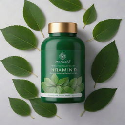 A sport supplement beautifully presented with traditional Iranian elements, adorned with green leaves