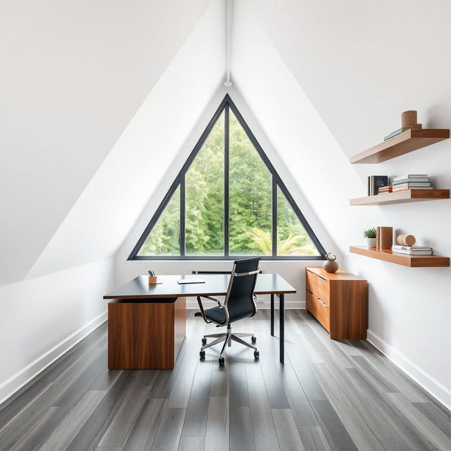 A triangular-shaped office featuring a modern design with a color palette of white, black, and wood accents