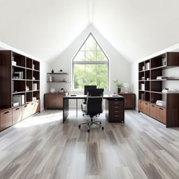 A triangular-shaped office featuring a modern design with a color palette of white, black, and wood accents