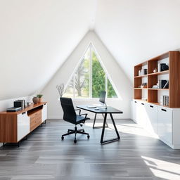 A triangular-shaped office featuring a modern design with a color palette of white, black, and wood accents