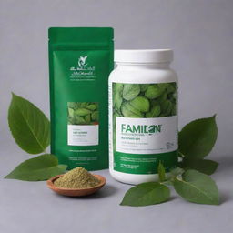 A sport supplement beautifully presented with traditional Iranian elements, adorned with green leaves